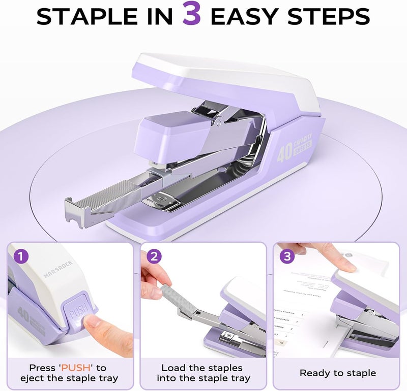Mars-Rock Effortless Stapler for Desk with 40-50 Sheet Capacity, 2000 Staples, 1-Touch Stapling, Ergonomic & Easy to Load Desktop Staplers, Heavy Duty Stapler, and Magnetic Staple Remover, Purple - Image 4